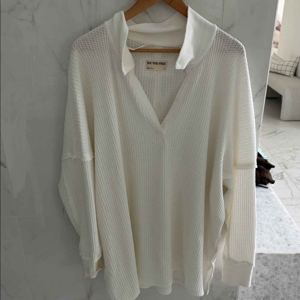 We The Free Cream V-Neck Collared Waffle-Knit Sweater